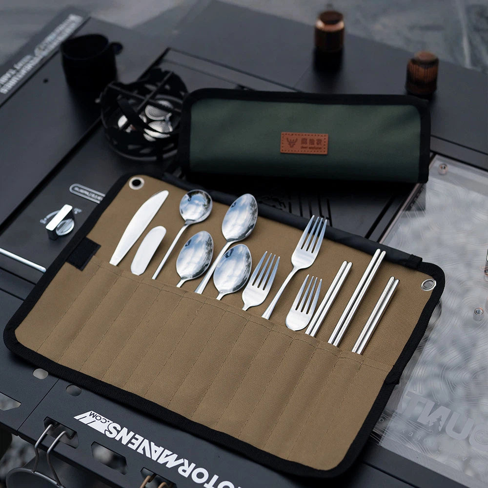 BetterEV Camping Camping Cutlery Set Portable Stainless Steel Waterproof Roll Organizer