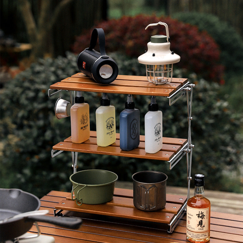 BetterEV Camping Folding Camping Storage Rack Multi-Layer Portable Solid Wood Outdoor Organizer