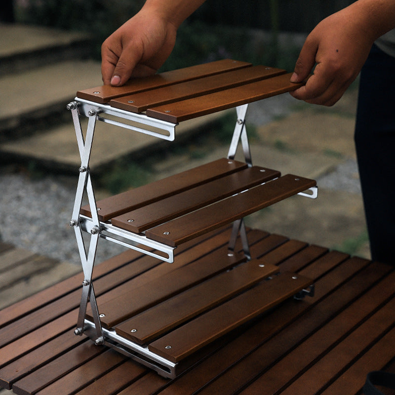 BetterEV Camping Folding Camping Storage Rack Multi-Layer Portable Solid Wood Outdoor Organizer